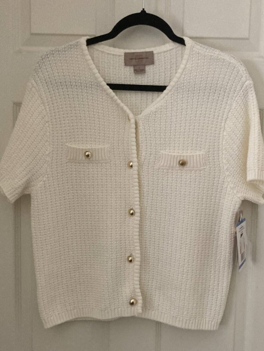 NWT Liz Claiborne Cream Textured Knit Cardigan Lady Jacket Gold Buttons [L]
